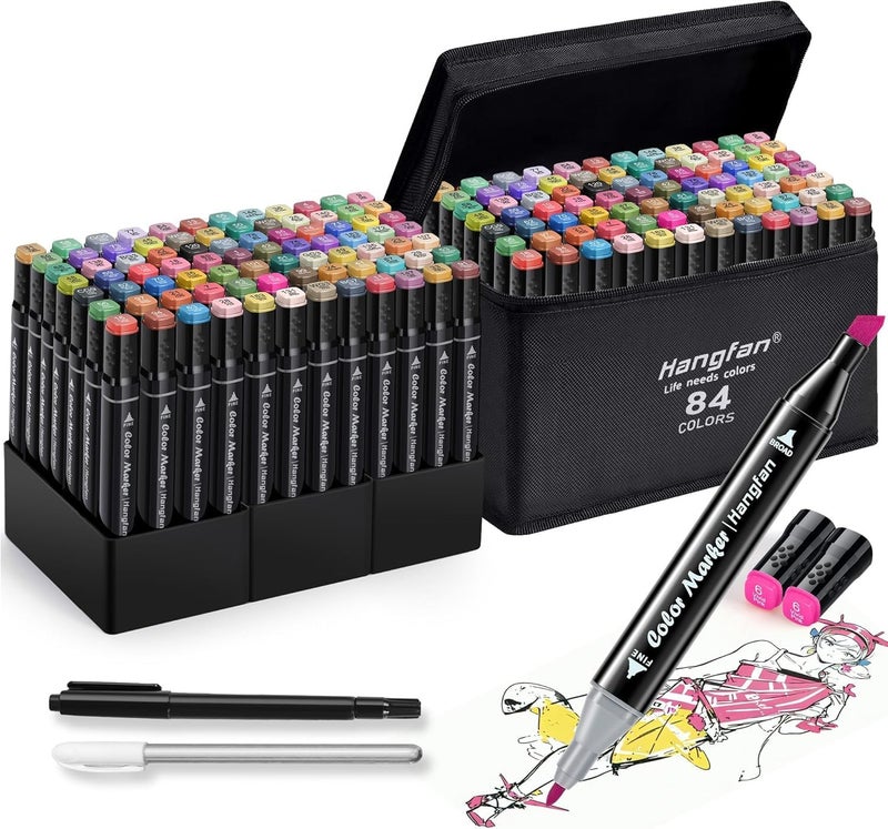 HandFan Alcohol,84 Colors Dual Tip Coloring Markers for Adults,Markers for Adults,Give 1 White Highlighter,1 Tracing Pen,Coloring Illustrations Sketch Drawing Painting Card Making(Black Pen Container) - Image 1